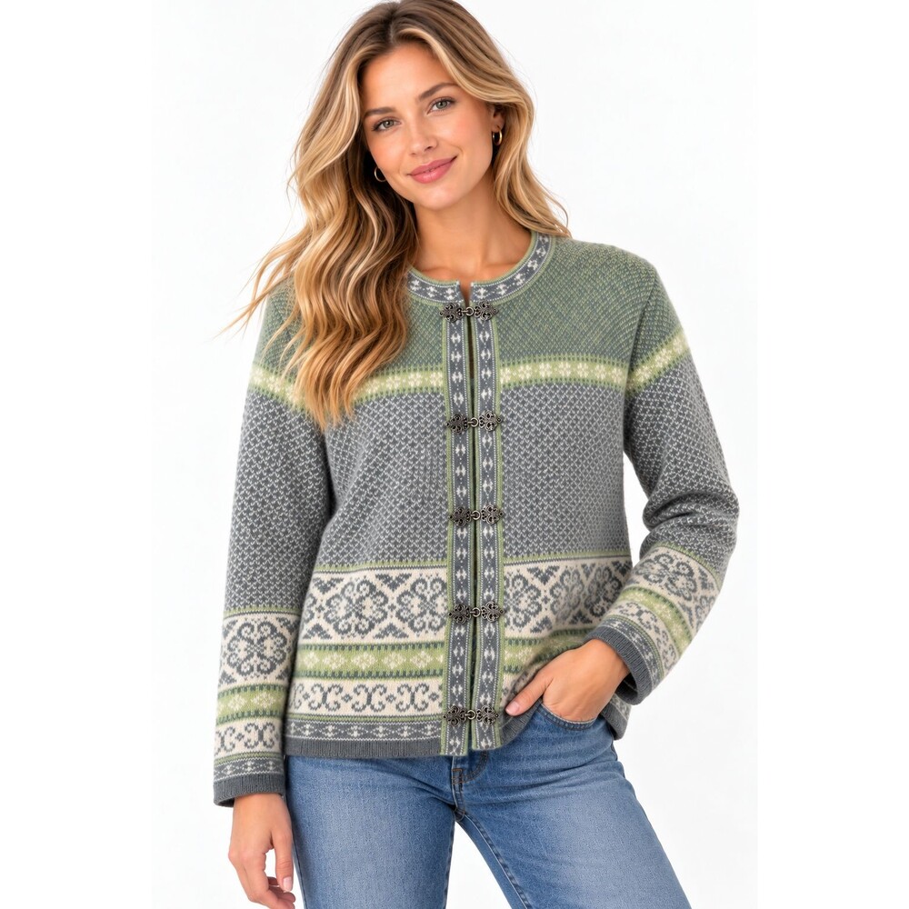 New Susan Bristol Wool Cardigan Sweater Size Medium Fair Isle Metal Clasp Hook